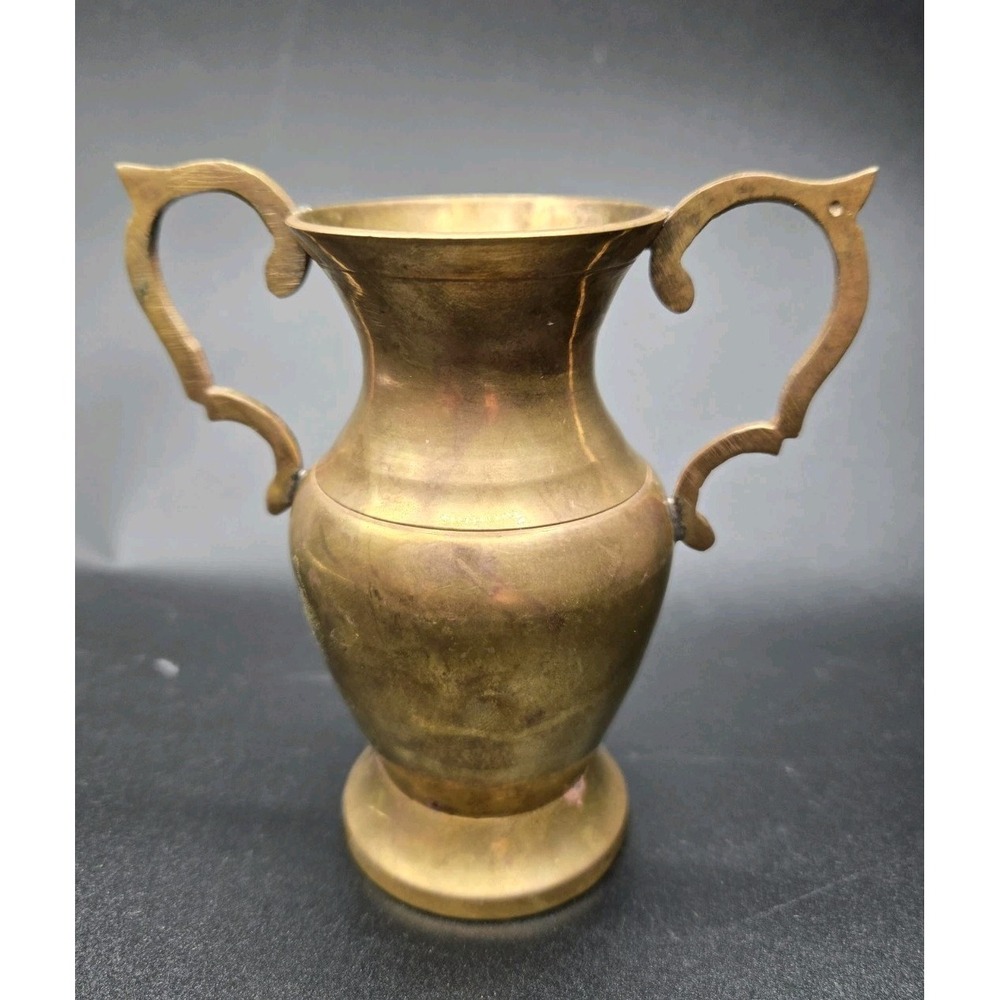Vintage Small Solid Brass Double Handle Vase with Fluted Rim 1960s